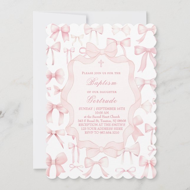 rosa bows design Baptism-inbjudan Inbjudningar (Framsida)