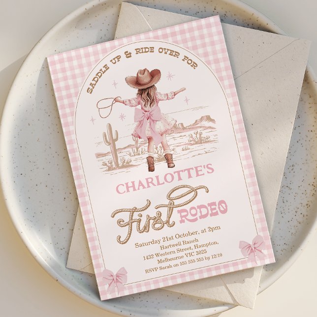 Rosa Bows Girls First Rodeo 1:a födelsedagen Inbjudningar (First Rodeo Birthday Invitation Template, Cowgirl  1st Birthday Invite, Rodeo 1st Birthday Girl)