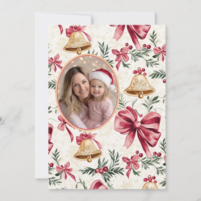 Rosa Bows Guld Klockor-julkort Julkort (Framsida)