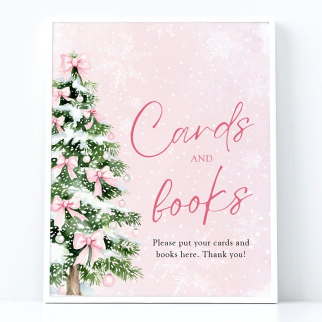 Rosa Bows Julgran Card och Bokar Sign Poster (Pink Bows Christmas Tree Cards and Books Sign)