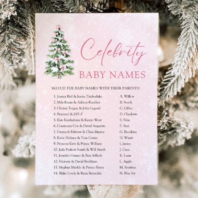 Rosa Bows Julgran-festen Baby Namn Inbjudningar (Pink Bows Christmas Tree Celebrity Baby Name Game)