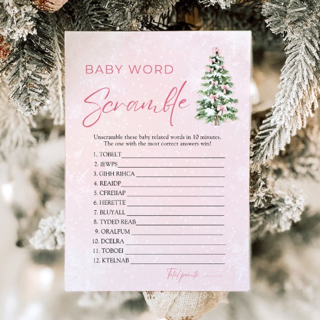 Rosa Bows Julgran Ord-ramspel för skam i Baby Inbjudningar (Pink Bows Christmas Tree Baby Word Scramble Game )