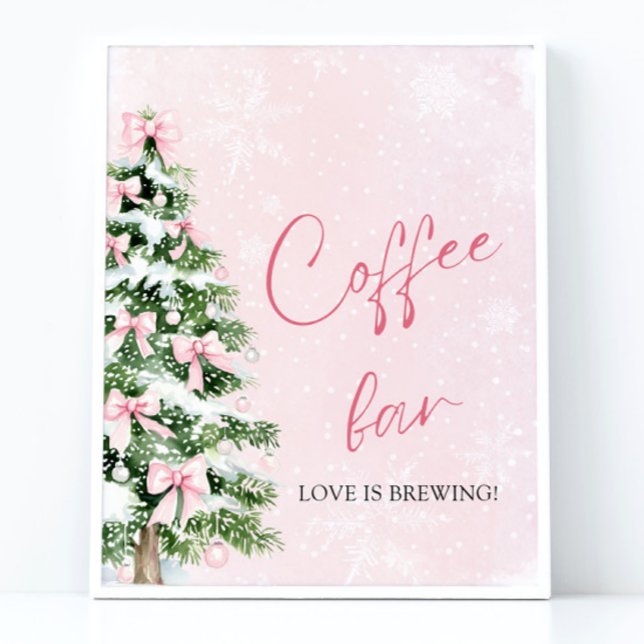 Rosa Bows Julgran Snowflake Coffee Pub Poster (Pink Bows Christmas Tree Snowflake Coffee Bar Sign)