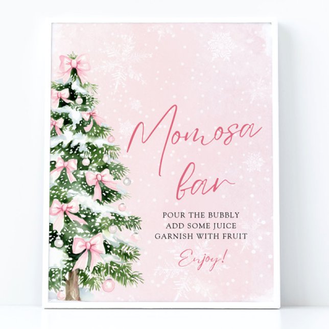Rosa Bows Julgran Snowflake Momosa Pub Sign Poster (Pink Bows Christmas Tree Snowflake Momosa Bar Sign)