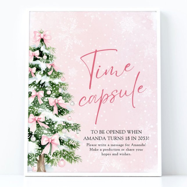 Rosa Bows Julgran Time Capsule Game Sign Poster (Pink Bows Christmas Tree Time Capsule Game Sign)