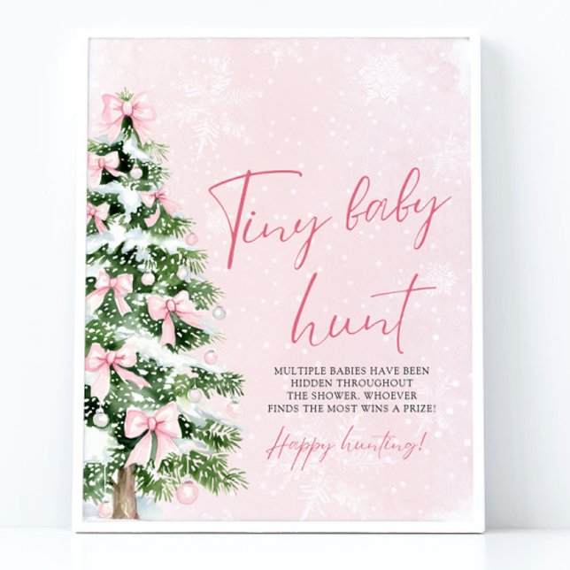 Rosa Bows Julgran Tiny Baby Hunt Game Poster (Pink Bows Christmas Tree Tiny Baby Hunt Game Sign)