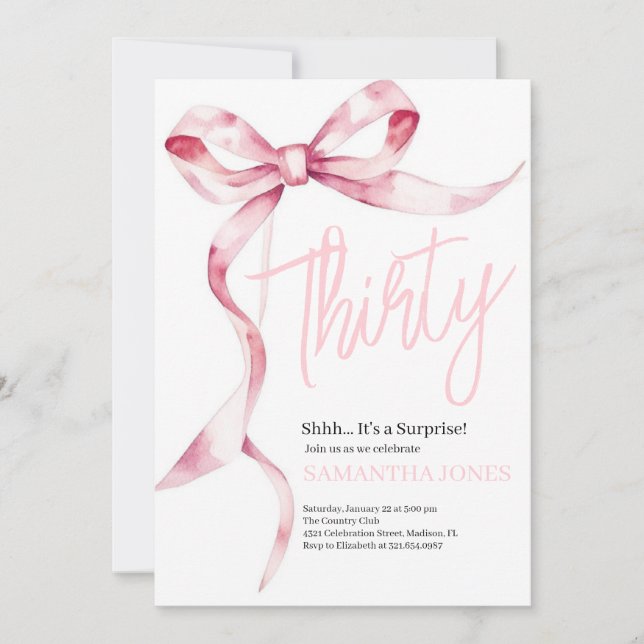 Rosa Bows Modern 30 30års födelsedag Party Inbjudningar (Framsida)