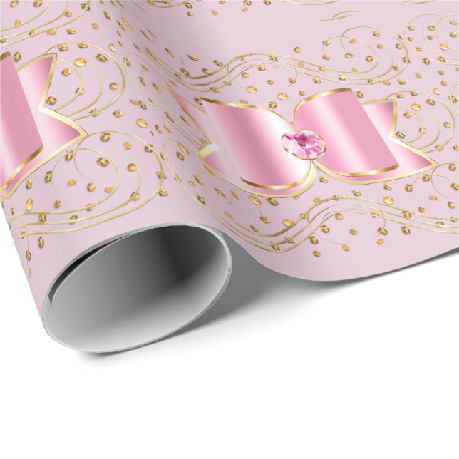 Rosa Bows på Guld Stones Wrapping Papper Presentpapper (Rullad Hörn)