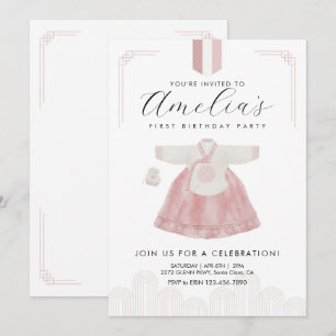 Rosa Boy Hanbok Doljanchi första födelsedagen Inbjudningar