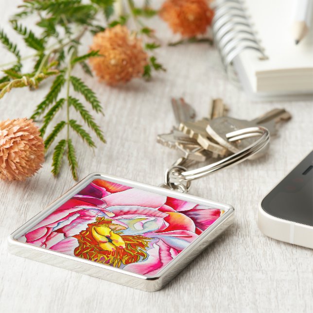 Rosa bra av vattenfärgen Peony Fyrkantig Silverfärgad Nyckelring (Sidan)