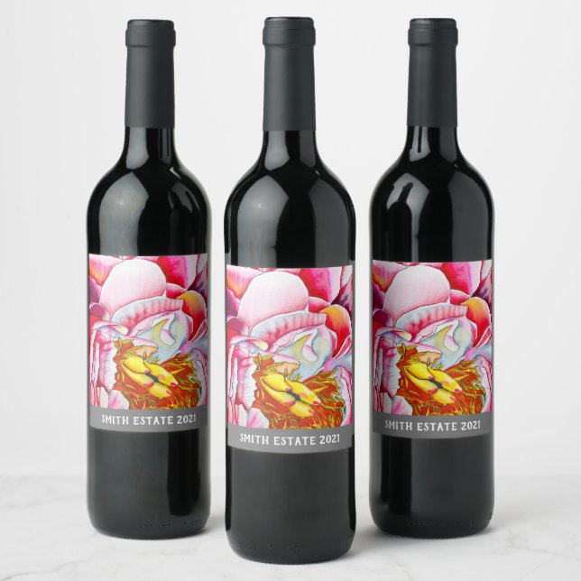 Rosa bra av vattenfärgen Peony Vinflaska Etikett (Flaskor)