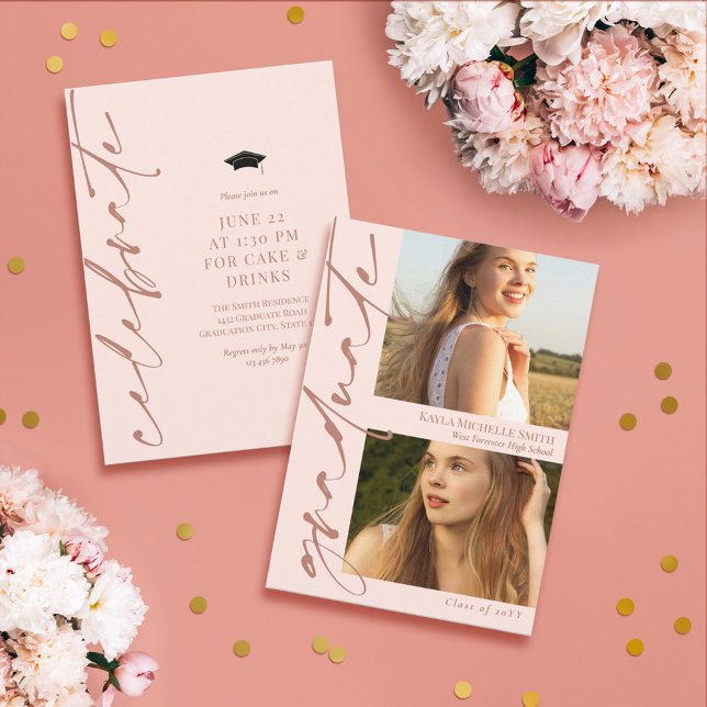  Rosa & Brass Calligraphy 2 Foton Studenten Inbjudningar (Skapare uppladdad)