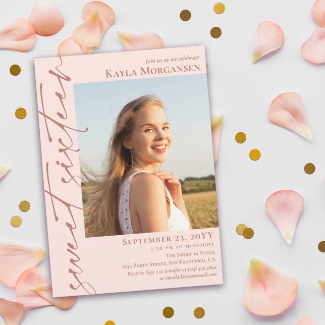  Rosa & Brass Calligraphy Photo Sweet 16 Inbjudningar (Skapare uppladdad)