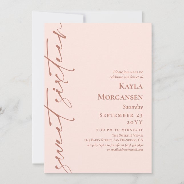  Rosa & Brass Calligraphy Sweet 16 Inbjudningar (Framsida)