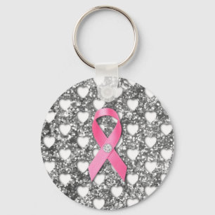 Rosa Breast Cancer Ribbon Silver Glitter Titta på Nyckelring