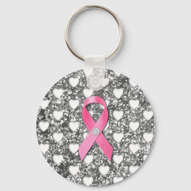 Rosa Breast Cancer Ribbon Silver Glitter Titta på Nyckelring (Framsida)