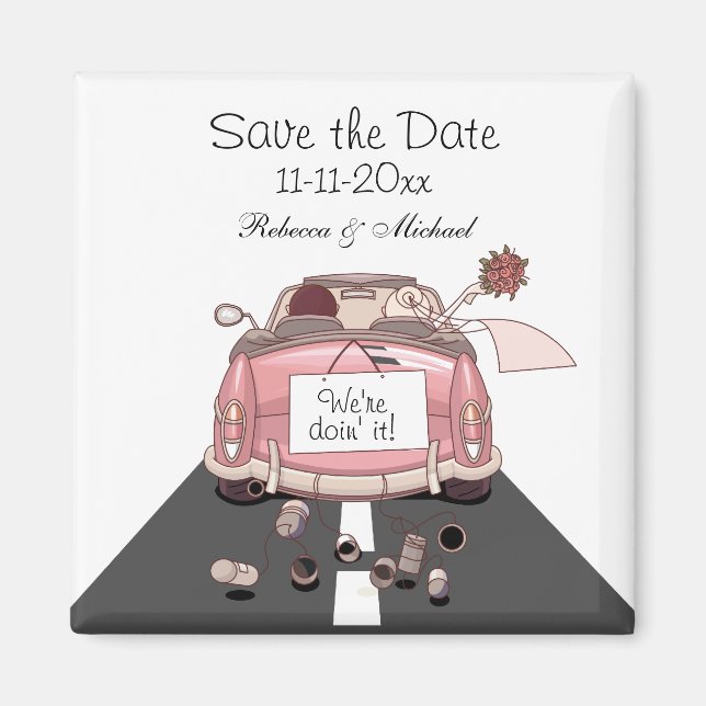 Rosa Bride and Groom Getaway car "Save the Date" Magnet (Framsidan)