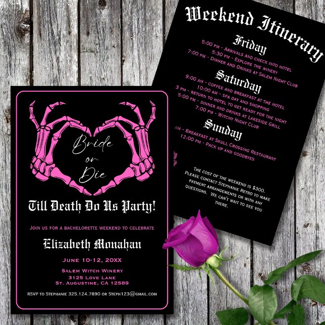 Rosa Bride eller Die Gothic Skeleton Bachelorette Inbjudningar (Skapare uppladdad)