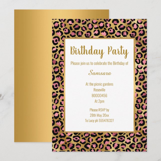 ROSA BRIGHT LEOPARD GULD TILLFÄLLEN BIRTHDAY INBJUDNINGAR (Fram/baksida)