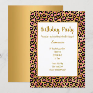 ROSA BRIGHT LEOPARD GULD TILLFÄLLEN BIRTHDAY  INBJUDNINGAR