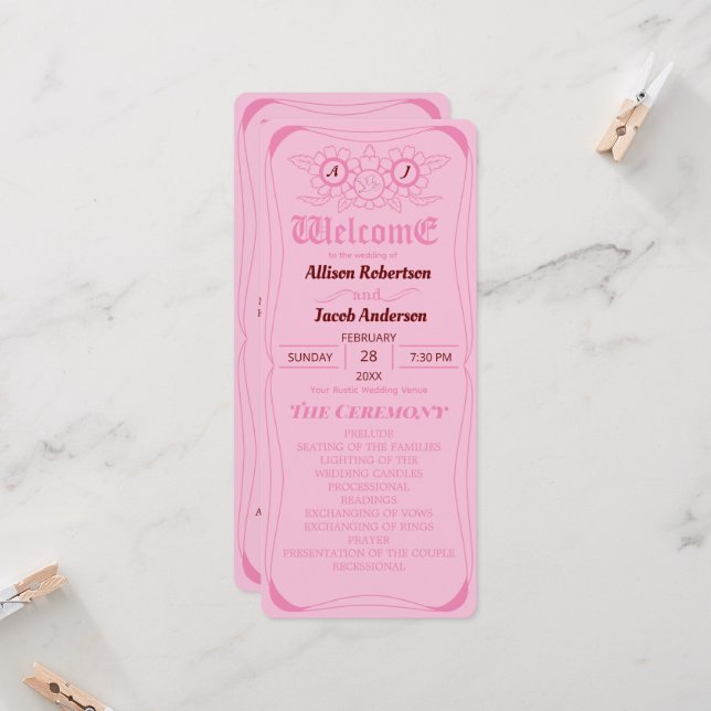 Rosa Bright och fetstilt Bröllopsprogram (Fram/Back In Situ)
