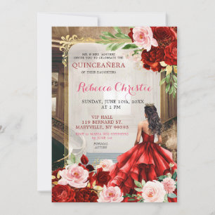 Rosa Bright Red Blommigt Quinceañera Inbjudningar