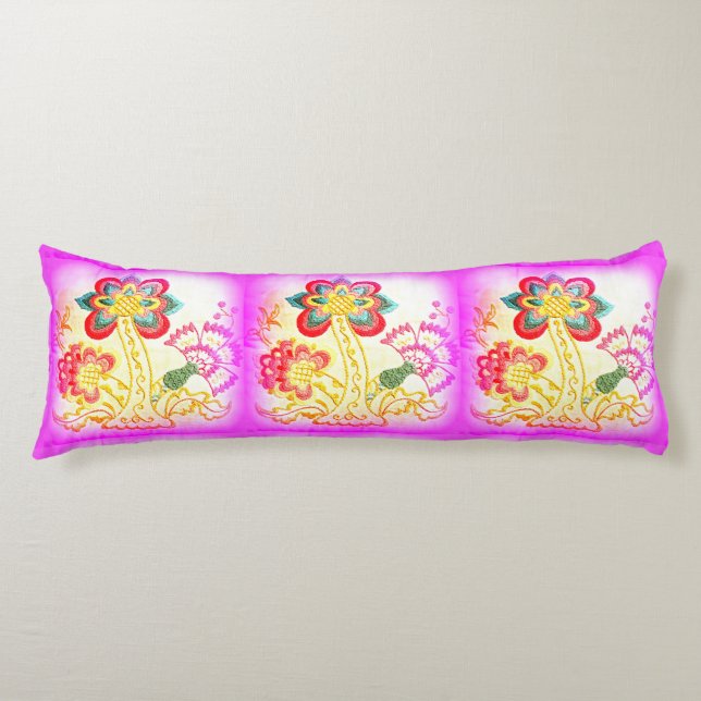 rosa broderad kroppskudde av handflatan träd (Framsidan)