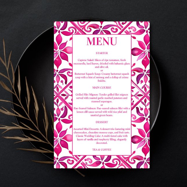 Rosa (bröllop) (Pink Spanish vintage Mexican talavera wedding menu cards colorful tile pattern wedding table decor)