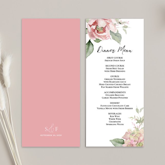  Rosa Bröllop Blommigt Middag Meny (Wedding elegant floral menu card template. )