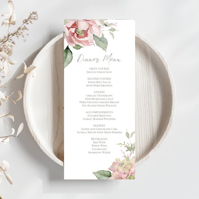  Rosa Bröllop Blommigt Middag Meny (Elegant blush pink floral dinner menu card template. )