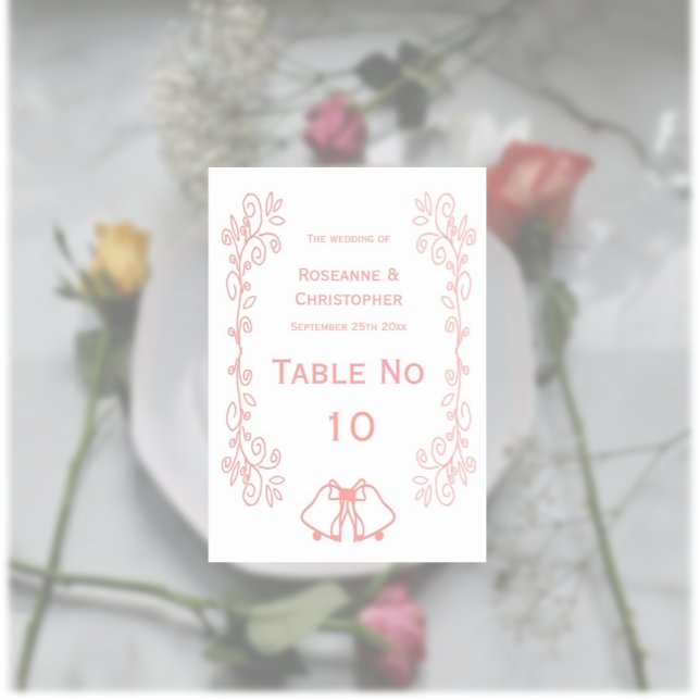 Rosa Bröllop Bordsnummer Card Klockor-rullning (Pink wedding table number card bells and scrollwork design)