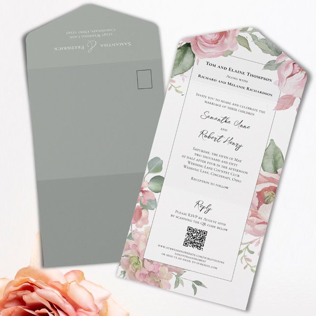  Rosa Bröllop Grått (Elegant pink floral all in one wedding invitations. )