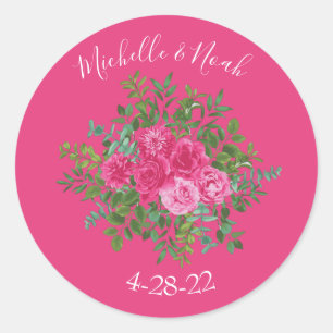Rosa Bröllop Modern Blommigt Runt Klistermärke