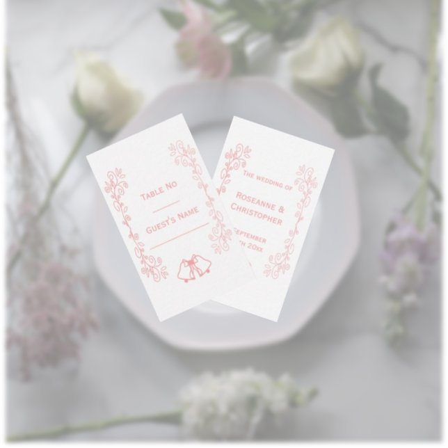 Rosa Bröllop Place Card Klockor Scrollwork Placeringskort (Pink wedding place setting card bells and scrollwork design)