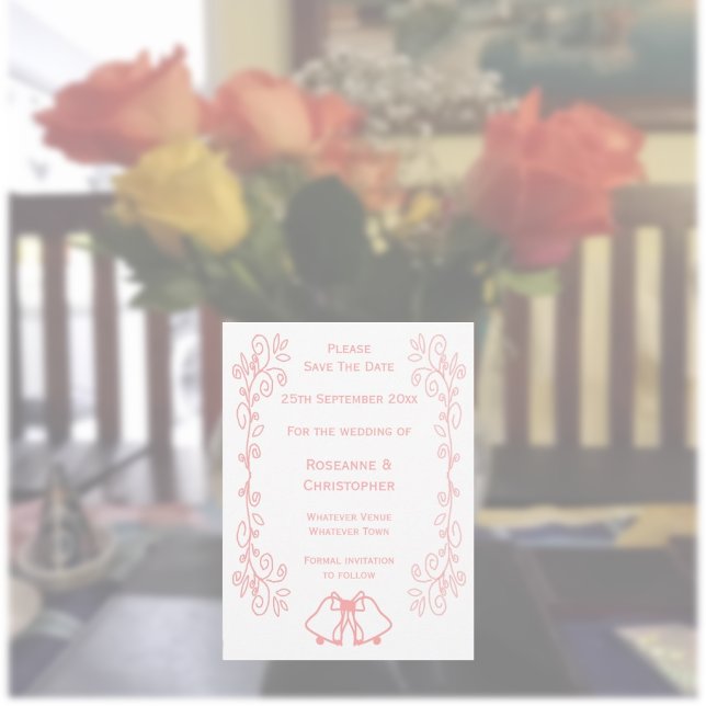 Rosa Bröllop spara datum Klockor Scrollwork Spara Datumet (Pink wedding save the date card bells and scrollwork design)
