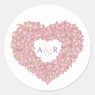 Rosa bröllop tulips hjärtbuquet monogram runt klistermärke