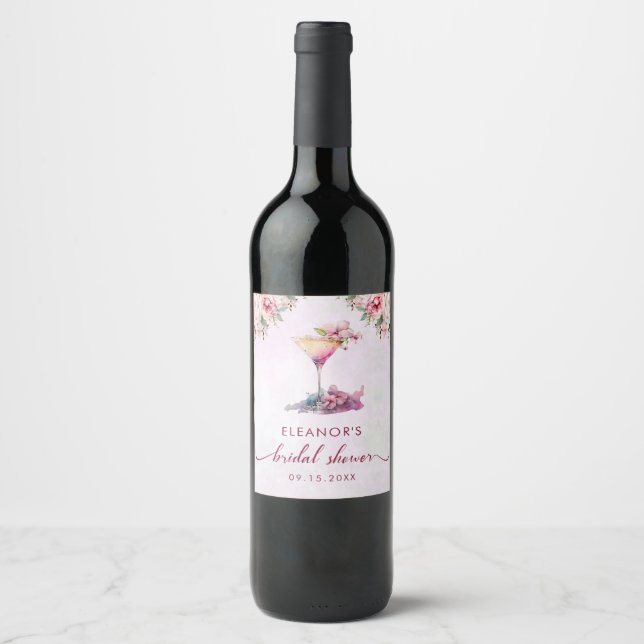Rosa bröllopsdusch med blommor vinflaska etikett (Framsida)
