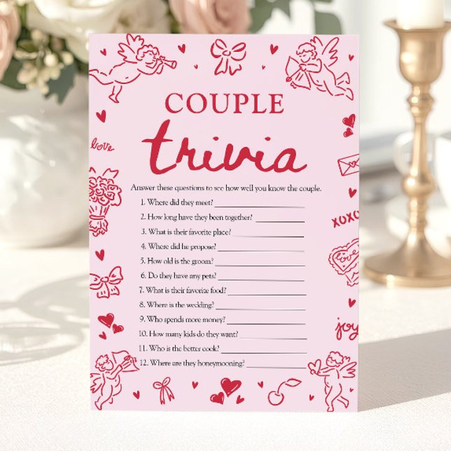 Rosa Bröllopsfest Trivia-spel för Par i Förlovning Inbjudningar (Pink Valentine Couple Trivia Bridal Shower Game)