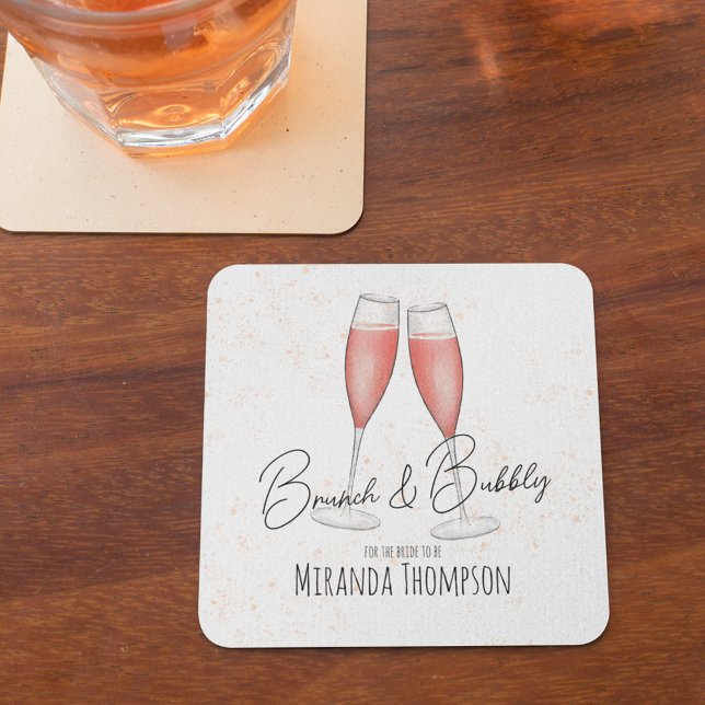 Rosa bröllopsfestbrunch med bubbelvin underlägg papper kvadrat (Brunch and Bubbly calligraphy paper coaster)