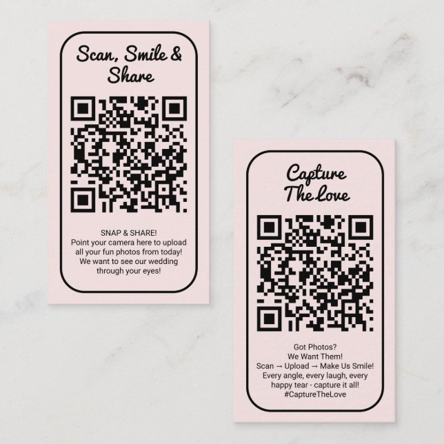 Rosa bröllopsfoto delning Fånga kärlek QR-kod  Visitkort (Fram/baksida)