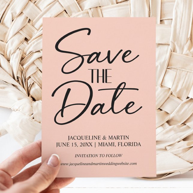 Rosa bröllopskräm handskriven kursiv stil spara datumet (Pink and black wedding Save the Date card)