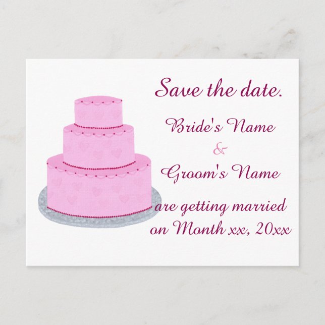 Rosa bröllopstårta hjärtan Spara datum vykort (Framsida)