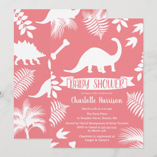 Rosa Brontosaurus Dinosaur Baby Shower Inbjudningar (Fram/baksida)