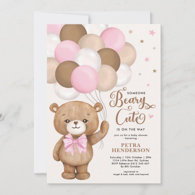 Rosa Brown Beary Cute Nalle Girl Baby Shower Inbjudningar (Framsida)