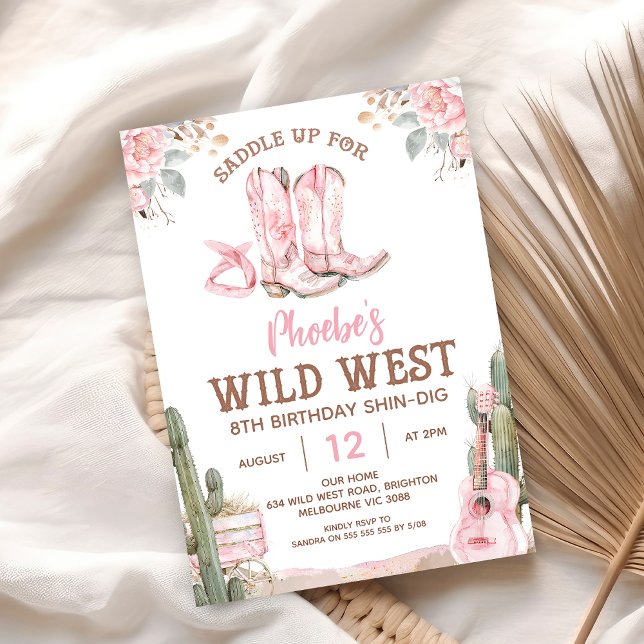 Rosa Brown Birthday Shin-Gräv Vilda western Birthd Inbjudningar (Girls Western Wild West Birthday Invitation, Pink Boots Wild West Birthday Invite, Saddle Up)
