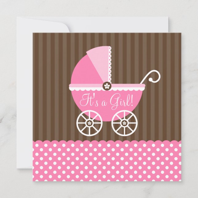 Rosa Brown Carriage Dots Girl Baby Shower Inbjudningar (Framsida)