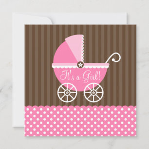Rosa Brown Carriage Dots Girl Baby Shower Inbjudningar