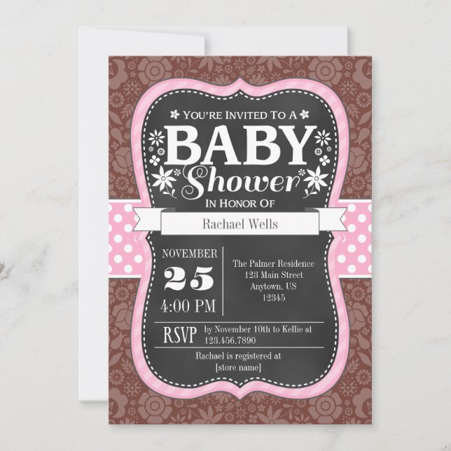 Rosa Brown Chalkboard Blommigt Baby Shower Inbjuda Inbjudningar (Framsida)