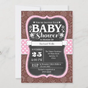 Rosa Brown Chalkboard Blommigt Baby Shower Inbjuda Inbjudningar