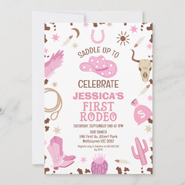 Rosa Brown Cowgirl First Rodeo 1:a födelsedagen Inbjudningar (Framsida)